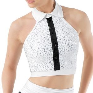 Sequin White Tuxedo Crop Halter